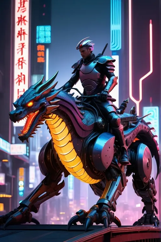 Prompt: Samurai warrior riding a mechanical dragon through a futuristic city, neon lights, cyberpunk, dynamic composition, detailed shading, digital painting, cinematic, masterpiece, by Jim Burns, Greg Rutkowsky and Gotham robots, 4k resolution

