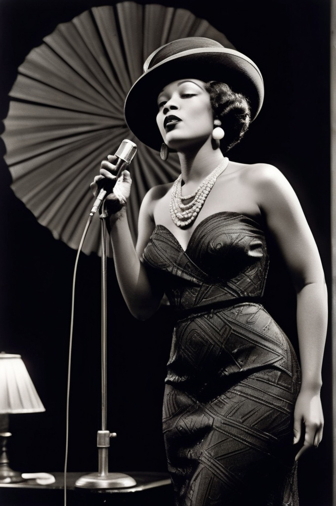 Prompt: A soulful black jazz singer, dressed in a fitted, curve-hugging dress and a chic pill-box hat, stands confidently at the microphone, her voice pouring out like honey as she sings her heart out in a dimly lit, smoke-filled club, the air thick with the scent of cigarette smoke and whiskey, reminiscent of the iconic styles of Erté, Gustav Klimt, and Hopper, with bold, expressive brushstrokes and a muted, film noir-inspired color palette, captured in a striking black and white photograph.