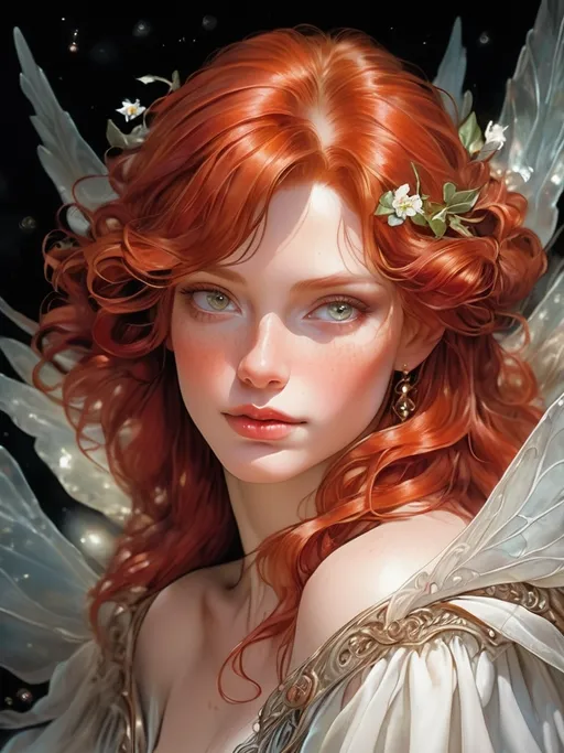 Prompt: The face of mature beauty, close-up portrait, red haired, ethereal, glowing, high detail, soft lighting, romantic, fantasy, dreamy, cinematic, digital painting by J.C. Leyendecker, Luis Royo, and Stephanie Law, 4k resolution