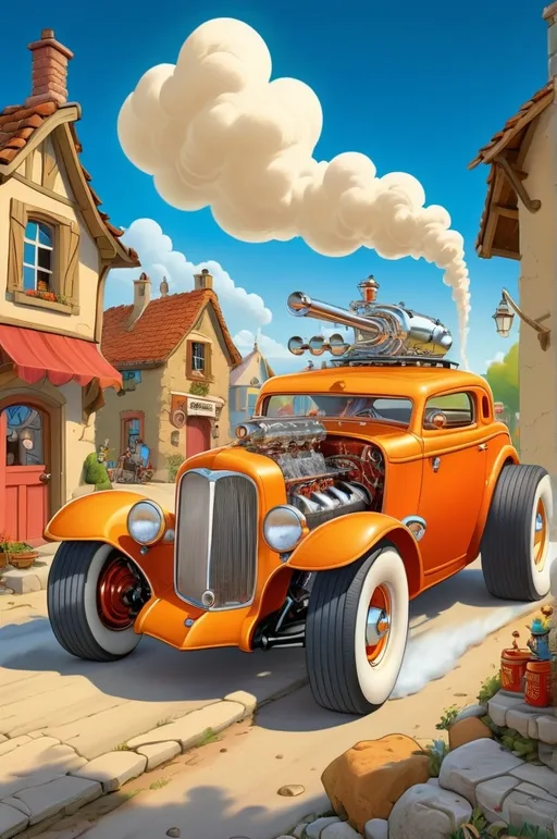 Prompt:  Over-the-top hotrod with exposed engine, cartoon art in the style of Hergé, vintage village setting, vibrant colors, detailed illustration, dynamic angles, playful atmosphere, whimsical design 