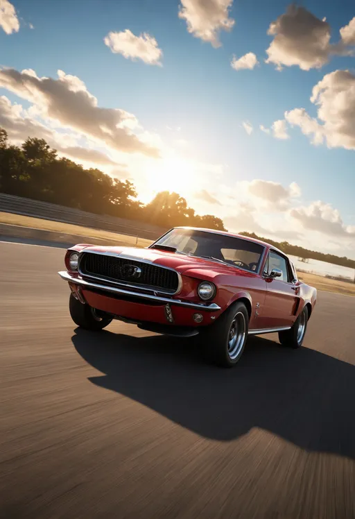 Prompt: A sleek, cherry red, 1968 Ford Mustang 500 GT Fastback muscle car, ((styled by H.R. Giger, speeding down a sun-drenched, vibrant, and meticulously detailed raceway, its tires scorching the asphalt, with a dynamic low-angle shot capturing the intense energy, set against a brilliant blue sky with puffy white clouds, illuminated by the golden glow of late afternoon sunlight, with realistic lighting casting dramatic shadows, and a cinematic atmosphere evoking the thrill of a high-stakes competition, beautifully rendered in a hyper-realistic masterpiece of digital art, with stunning textures, reflections, and shading, as if shot on location in 4k resolution with crystal-clear clarity, reminiscent of the style of digital artists like Ian McQue, Benjamin Huang, and Daniel Dociu.