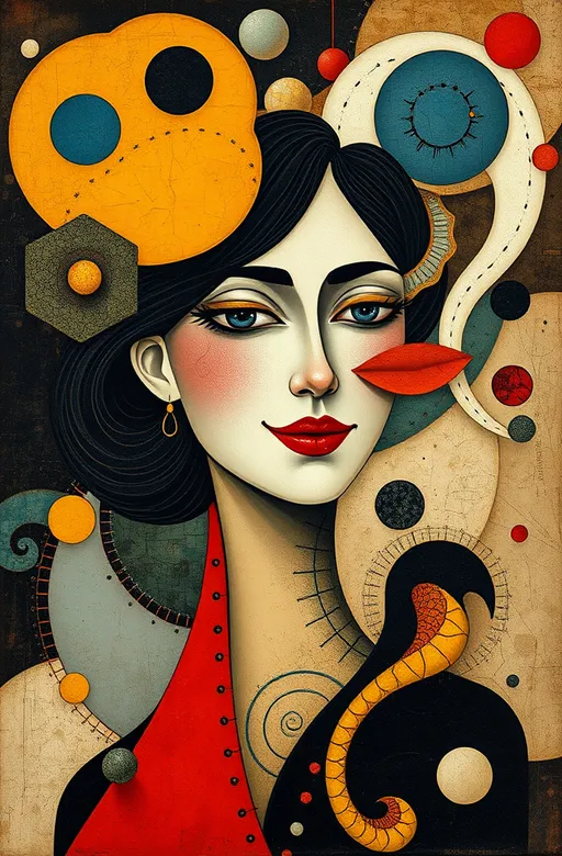 Prompt:  Woman with an enigmatic smile, surrounded by biomorphic forms and curvilinear shapes, reminiscent of Jean Arp's surrealist collages, with bold, vibrant colors and irregular textures, blending organic and geometric elements, evoking a sense of playfulness and abstraction, inspired by the artistic movements of Dadaism and Surrealism, with hints of Gustav Klimt's symbolic ornamentation and the dreamlike quality of Rene Magritte's compositions.