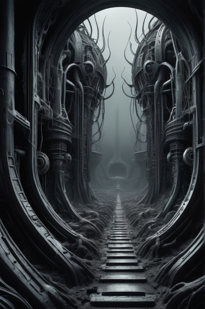 Prompt: 
Dark surreal biomechanical landscape inspired by H.R. Giger's artwork, intricate details, monochromatic color scheme, cinematic lighting, eerie atmosphere, digital painting, 4k resolution