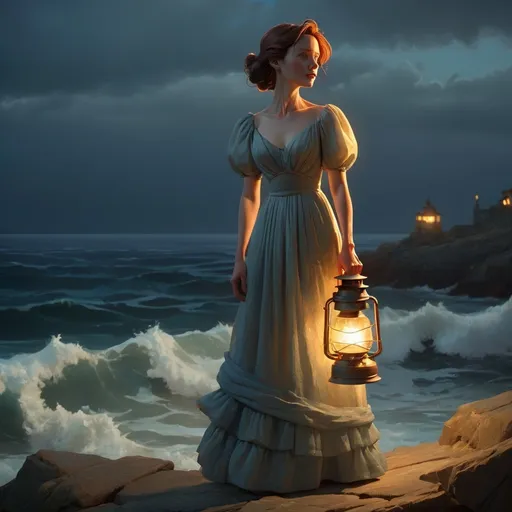 Prompt: woman in long dress standing by the sea, holding a lantern, waiting for her loved one to return, dramatic lighting, cinematic, emotional, detailed, character design by James Jean and Craig Mullins, atmospheric, realistic, high resolution, storytelling. in the style of P.S Kröyer