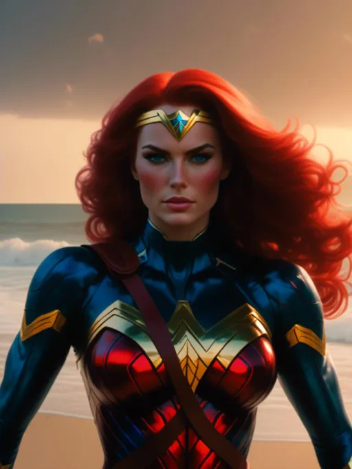 Prompt: <mymodel>Wonder Woman (superhero), standing confidently on a sunlit beach, wearing her iconic costume, vibrant red and blue colors, golden accessories, and starred motifs, waves gently crashing in the background, warm sunlight casting flattering shadows, a dreamy, uplifting ambiance, (ultra-detailed), (4K), (cinematic), beach scenery enhancing power and grace.