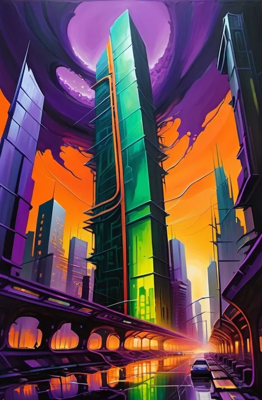 Prompt: **Art Prompt: "Echoes of Tomorrow"**

**Theme:** Post-apocalyptic world, Futurism
**Color Scheme:** Triadic (Deep Purple, Vibrant Orange, Electric Green)
**Medium:** Acrylic

**Concept:**

Depict a cityscape reclaimed by nature and time, with futuristic energy. Twisted skyscrapers made of reflective, metallic surfaces convey motion, as if crumbling and rebuilding. Show nature and technology intertwining harmoniously, with bioluminescent trees and abandoned futuristic vehicles. The background sky is a swirling canvas of Deep Purple and Vibrant Orange, suggesting destruction and renewal.

**Details:**

- **Structural Highlights:** Use thick, textured layers of acrylic for rough, weathered surfaces.

- **Nature's Glow:** Depict bioluminescent flora with Electric Green in a thin, transparent glaze.

- **Atmospheric Depth:** Employ a gradation technique to transition between the triadic colors in the sky.

**Objective:**

Explore the juxtaposition of decay and renewal, past and future, chaos and harmony. Capture the style, color scheme, and medium as specified.