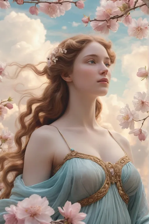 Prompt: An ethereal portrait of Venus, the goddess of love and beauty, gracefully standing amidst billowing clouds and delicate blossoms. The soft pastel hues delicately enhance her timeless beauty, evoking a sense of classical elegance reminiscent of Sandro Botticelli and Claude Monet. This digital artwork is rendered in stunning 4k resolution, capturing every intricate detail with serene lighting that bathes the scene in a dreamlike atmosphere.