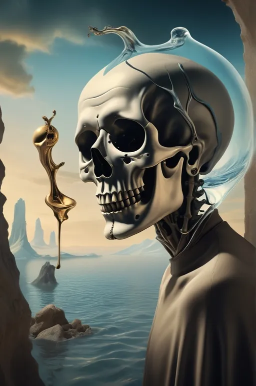 Prompt: An ethereal interpretation of death's illusion in the style of Salvador Dali, portrayed through a highly detailed and cinematic digital painting. This masterpiece embodies surrealism with mind-bending, philosophical concepts, hyperrealistic elements, and surreal lighting. Inspired by the iconic artist, it is a trend on ArtStation, crafted in 4K resolution to immerse viewers in a visual journey of the extraordinary.