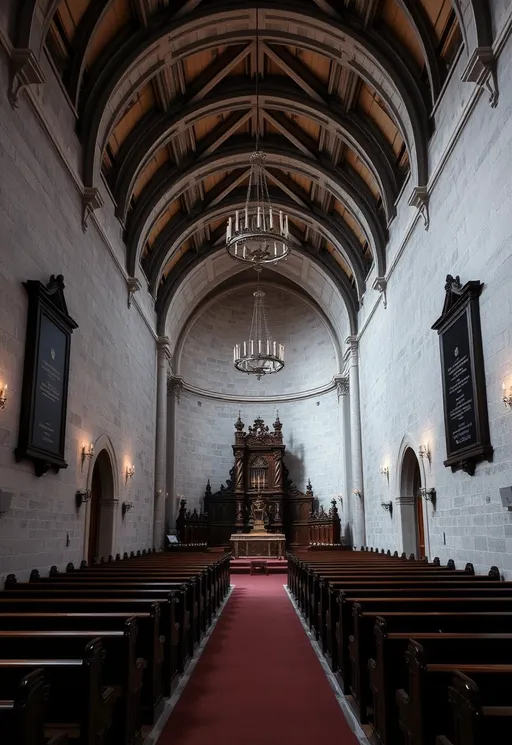 Prompt: This photograph captures the interior of a grand, historic church. The image showcases a long, central aisle flanked by rows of dark wooden pews on both sides. The aisle leads to an ornate altar at the far end, which is adorned with a large, intricate, dark wooden tabernacle and two tall, silver candelabras. Above the altar hangs a large, elegant chandelier with multiple candle-like lights, suspended from a vaulted ceiling. The ceiling is intricately decorated with arched patterns and features a series of rectangular and semicircular designs. The walls are made of a light gray stone, adding a sense of age and historical significance to the space. On either side of the aisle, near the walls, are two large, rectangular black plaques with white text. The plaques are mounted high on the walls, and the text appears to be in a formal, historical font. The lighting in the church is subdued, with small, wall-mounted lamps providing a warm, soft glow. The overall atmosphere of the photograph is solemn and reverent, with the dark wood and stone textures contributing to the church's timeless, sacred ambiance.