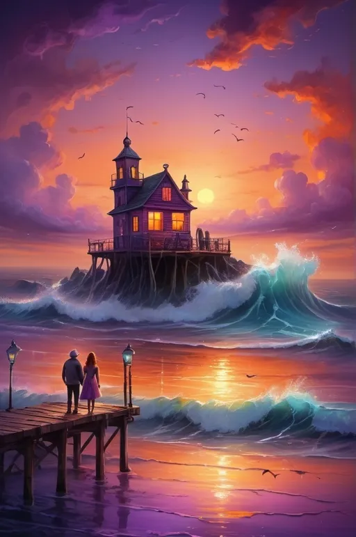 Prompt: Surreal sunset at the sea, couple in love, fisherman on the pier, vibrant and whimsical, glowing oranges and purples, soft light, atmospheric and dreamlike, reminiscent of Alexander Jansson and Tim Burton, painterly style, fantastic, swirling and textured sky, fantastical sea creatures peeking from waves, ethereal, intricate details, magical elements, detailed fantasy landscape in background, ultra-detailed, 4K resolution, emotional warmth, artistic masterpiece.