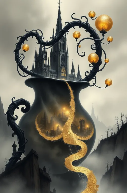 Prompt:  A colossal, ornate pot of gold, with Gothic cathedral-inspired architecture, emerges from a mystical, misty landscape, its twisted, Escher-esque spire reaching towards the sky like a dark, expressive charcoal sketch, while its handle unwinds like a fluid, dreamlike ribbon, reminiscent of Salvador Dali's surrealist art, entwining itself around the ethereal scenery. Iridescent, ghostly orbs, inspired by Rene Magritte's surrealist works, float around the pot, reflecting distorted, kaleidoscopic visions of the surroundings, with soft, feathery edges and subtle, shimmering luminosity. Within the pot's belly, a tiny, eerie universe unfolds, rendered in muted, cool charcoal tones, evoking the haunting, dreamlike quality of a Giorgio de Chirico cityscape, with delicate, lace-like textures and subtle, velvety shadows. A cascading waterfall of coins spills from the pot lid, morphing into a sinuous, serpentine river that navigates the surreal terrain, as a flock of birds, adorned with intricate, Escher-like patterns on their wings, emerge from the spout, adding to the otherworldly serenity of the scene, with delicate, lacy feathers and soft, gentle plumage.