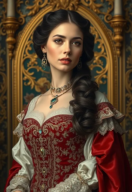 Prompt:  Beautiful woman in ornate, Renaissance-inspired attire, adorned with intricate lace, velvet, and gemstones, set against a lavish backdrop, reminiscent of Pre-Raphaelite and Art Nouveau styles, with hints of Alphonse Mucha's elegance and Gustav Klimt's opulence, in the manner of digital artist Simon Stalenhag.