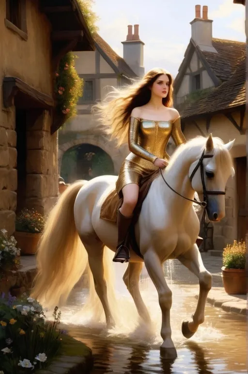 Prompt: Lady Godiva rides through a village clad in a fishnet, gracefully mounted on her horse with flowing hair cascading down like a golden waterfall, her figure captivating all who lay eyes on her. The villagers pause in their daily activities to admire her ethereal beauty and noble presence, a sight that seems to belong to a painting come to life. The sun casts a warm glow on her fair skin, accentuating the regal aura she exudes as she moves through the cobblestone streets lined with quaint cottages and blooming gardens. The gentle breeze carries the sweet scent of flowers, adding a touch of serenity to the enchanting scene unfolding before them. classic painting style, cinematic atmosphere, beautifully rendered by John William Waterhouse and Richard Westall, 8k resolution, masterpiece digital art.