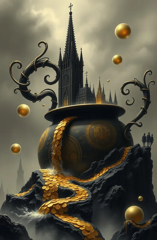 Prompt:  A colossal, ornate pot of gold, with Gothic cathedral-inspired architecture, emerges from a mystical, misty landscape, its twisted, Escher-esque spire reaching towards the sky like a dark, expressive charcoal sketch, while its handle unwinds like a fluid, dreamlike ribbon, reminiscent of Salvador Dali's surrealist art, entwining itself around the ethereal scenery. Iridescent, ghostly orbs, inspired by Rene Magritte's surrealist works, float around the pot, reflecting distorted, kaleidoscopic visions of the surroundings, with soft, feathery edges and subtle, shimmering luminosity. Within the pot's belly, a tiny, eerie universe unfolds, rendered in muted, cool charcoal tones, evoking the haunting, dreamlike quality of a Giorgio de Chirico cityscape, with delicate, lace-like textures and subtle, velvety shadows. A cascading waterfall of coins spills from the pot lid, morphing into a sinuous, serpentine river that navigates the surreal terrain, as a flock of birds, adorned with intricate, Escher-like patterns on their wings, emerge from the spout, adding to the otherworldly serenity of the scene, with delicate, lacy feathers and soft, gentle plumage.