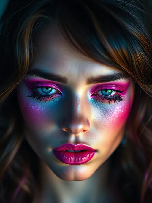 Prompt: Close-up portrait of a model with purple haze makeup, vibrant colors, intricate details, shimmering highlights, ethereal lighting, artistic expression, high-resolution, masterpiece digital art by Anselm Kiefer and Lisa Frank, soft bokeh background, 4k resolution
