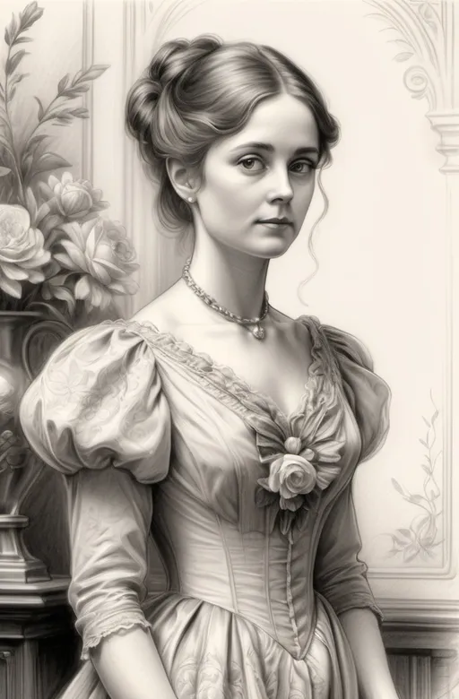 Prompt: Create a portrait pencil sketch featuring a Victorian Lady standing gracefully. She wears a flowing dress with intricate floral patterns. Her expression is serene, with soft lighting highlighting her features and a vintage room in the background.