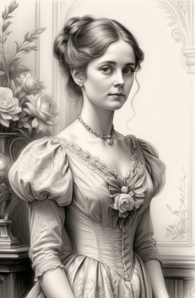 Prompt: Create a portrait pencil sketch featuring a Victorian Lady standing gracefully. She wears a flowing dress with intricate floral patterns. Her expression is serene, with soft lighting highlighting her features and a vintage room in the background.