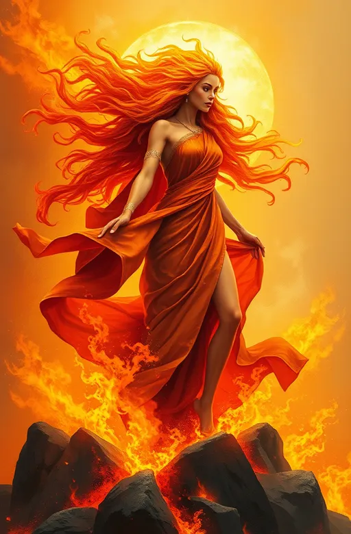 Prompt: Goddess of Fire, draped in flowing, fiery silk robes, her long, wild hair ablaze with flames that dance like living embers, standing atop a mountain of smoldering volcanic rocks, surrounded by a halo of warm, golden light, with wispy, ethereal tendrils of smoke and fire swirling around her, as if born from the very earth itself. Inspired by the painterly styles of Ash Thorp, Simon Stalenhag, and Loish, with bold, expressive brushstrokes and vivid, dreamy colors, evoking a sense of epic, majestic wonder, as if plucked from the cover art of a fantasy novel.