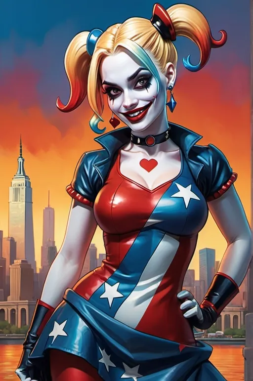 Prompt: (cartoonish caricature of Harley Quinn as the Statue of Liberty), vibrant colors, playful expression, exaggerated facial features, whimsical details, dynamic pose, rich red and blue tones, warm golden light, stylized texture, creative fusion of characters, intriguing background with city skyline, ultra-detailed, captivating ambiance, artistic masterpiece.