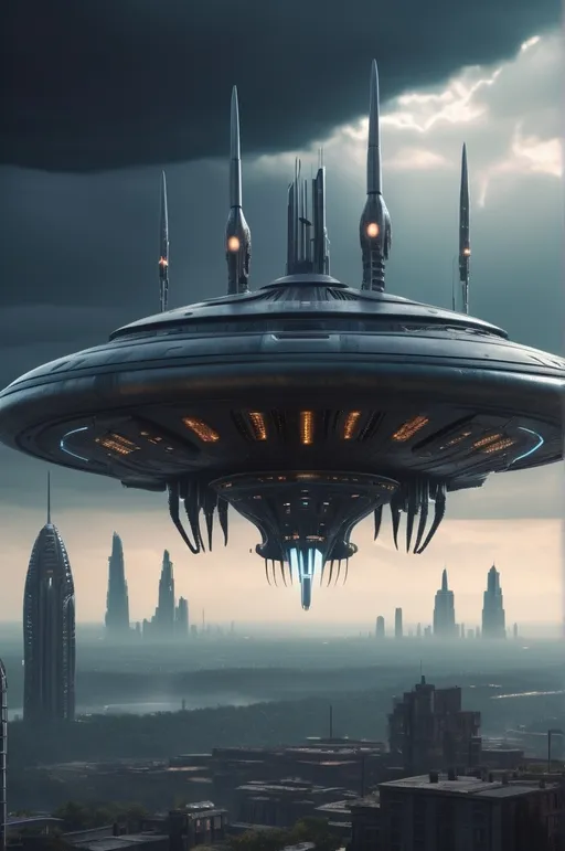 Prompt: Fantasy alien invasion scene with a futuristic city skyline, alien spacecraft hovering menacingly, high detail, sci-fi, dramatic lighting, epic concept art, CG render, created in Blender and Photoshop, ultra HD resolution, artist inspiration from H.R. Giger and Simon Stålenhag