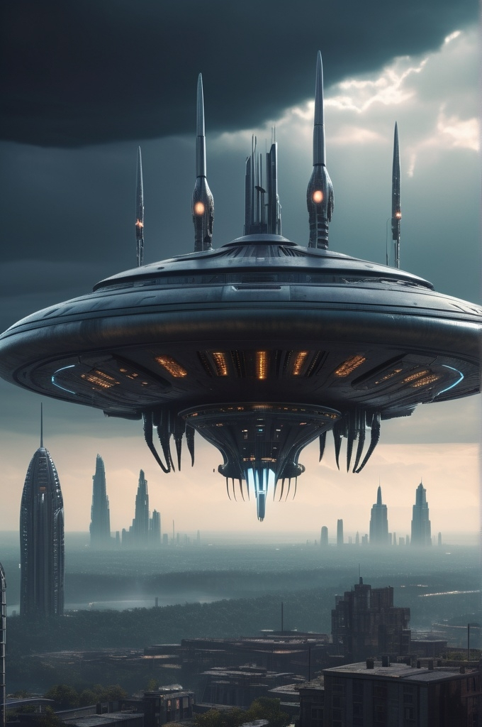 Prompt: Fantasy alien invasion scene with a futuristic city skyline, alien spacecraft hovering menacingly, high detail, sci-fi, dramatic lighting, epic concept art, CG render, created in Blender and Photoshop, ultra HD resolution, artist inspiration from H.R. Giger and Simon Stålenhag