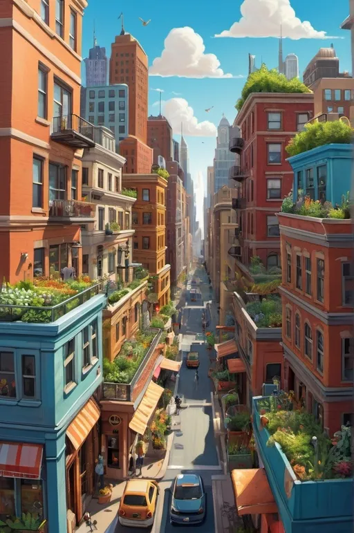 Prompt: Cityscape (by Ben Bocquelet), vibrant colors, whimsical and playful, dynamic city elements, mixed media, intricate and detailed buildings, bustling urban environment, clear and sunny skies, cartoonish characters in daily life activities, imaginative architecture, high contrast, artistic masterpiece, charming and lively atmosphere, 4K ultra-detailed, streets filled with creativity, fantasy elements blended with reality, rooftop gardens, bold outlines, engaging scene