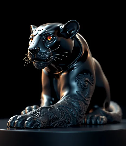 Prompt: A black panther sculpted in shining black obsidian, illuminated by a dramatic backlight creating striking rimlight effects. The high contrast against a black background highlights the ultra-detailed features of the digital sculpture, resembling a masterpiece with cinematic lighting to enhance its mystique and beauty. side angle
