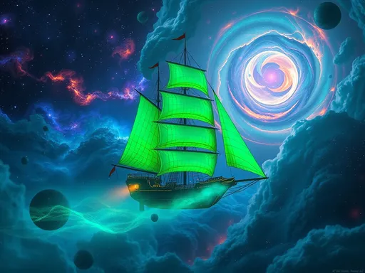 Prompt: Surreal, cinematic concept art. Medium shot. A majestic, glowing green bioluminescent sail ship glides through swirling dark matter in infinite space. Vibrant nebulas and swirling galaxies illuminate the ship, set against a cinematic, starry backdrop. Ethereal, glowing ambiance with deep blues and purples. Iridescent, shimmering sail details. Dramatic, colorful lighting. A masterpiece, 8k resolution digital painting. Highly detailed, with vibrant color contrasts. Immersive, otherworldly atmosphere. Inspired by sci-fi artists Greg Rutkowski and Simon Stalenhag. Dramatic, deep space lighting. Glowing, neon accents. Cosmic, infinite vistas.