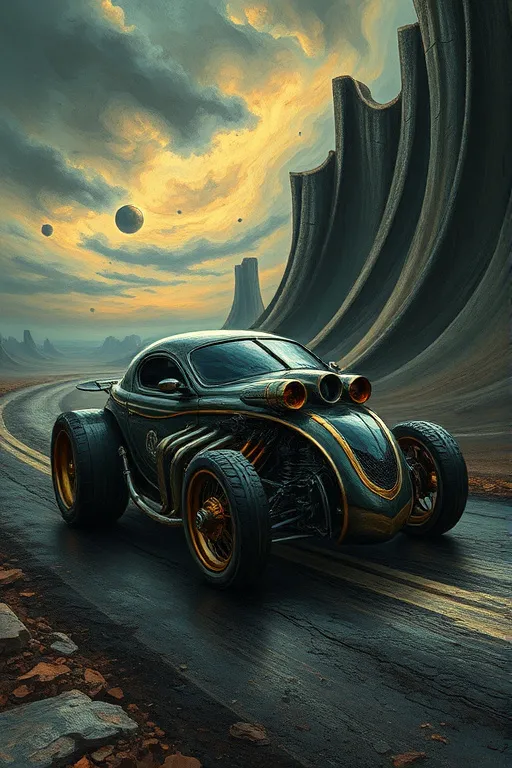 Prompt: Sleek, biomechanical hotrod, its body a twisted fusion of metallic and organic forms, as if grown from the very darkness, surrounded by a dreamlike, surreal landscape with melting, liquid skies and distorted, rippling roadways, reminiscent of H.R Giger's dark, industrial aesthetics and infused with the precise, detailed realism of his disturbing art, yet rendered in the unmistakable, symbolic, hyper-realistic style of Salvador Dali, with bold, vibrant colors and delicate textures.