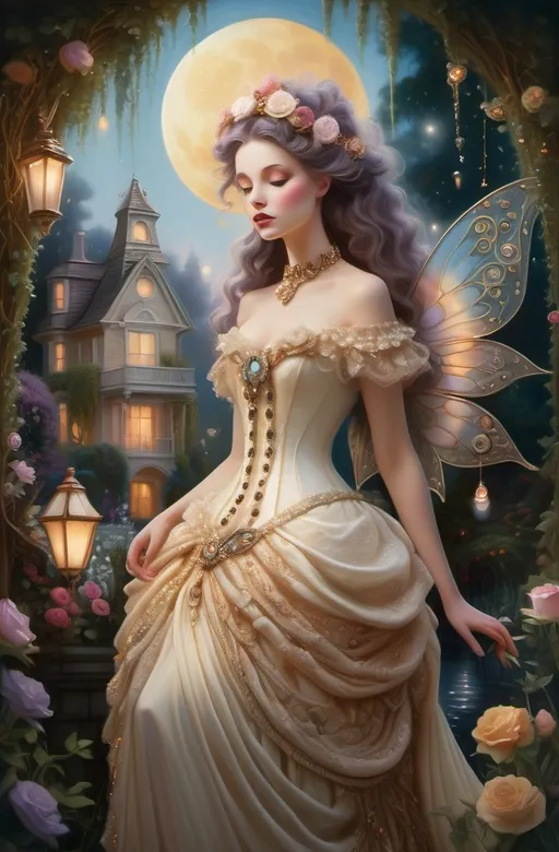 Prompt: A mystical goddess of illusion, draped in lavish, Victorian-inspired attire, with intricate, beaded accents, set amidst a dreamlike, moonlit garden, replete with soft focus lens effects and warm, golden hour tones. Inspired by the whimsical worlds of Thomas Kinkade and Tim Burton, this romantic, mixed media piece blends the subtlety of oil on canvas with the rich texture of photoillustration and the depth of 3D shading. Rich, auroracore hues dance across the canvas, juxtaposed with elegant, whisper-thin shadows, transporting the viewer to a realm of enchantment and mystique.