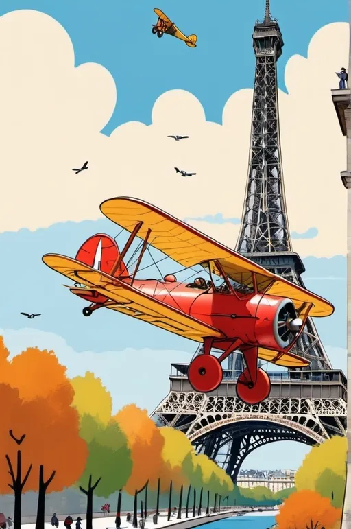 Prompt: Cartoon art in the style of Hergé, a whimsical scene of a WW1 biplane flying between the legs of the Eiffel Tower, vibrant colors, clean lines, dynamic perspective, light-hearted atmosphere, detailed background of Paris, sunny day, masterpiece digital illustration 

