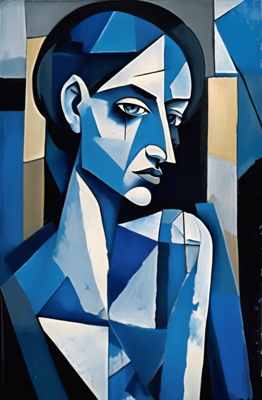 Prompt: Portrait woman Fractured visage, fragmented features, and disjointed expression, with shards of skin and splintered bone, in a cubist depiction reminiscent of Picasso's somber Blue Period, characterized by melancholic hues of blue and grey, with geometric shapes and multiple viewpoints, as if reflected in shattered glass, with bold brushstrokes and textured paint, evoking the emotional intensity of a thousand midnights, with echoes of El Greco's dramatic lighting and Dalí's dreamlike symbolism., fauvism, bright colors expressive brushstrokes, backdrop soft yellow blue gradient