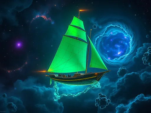 Prompt: Surreal, cinematic concept art. Medium shot. A majestic, glowing green bioluminescent sail ship glides through swirling dark matter in infinite space. Vibrant nebulas and swirling galaxies illuminate the ship, set against a cinematic, starry backdrop. Ethereal, glowing ambiance with deep blues and purples. Iridescent, shimmering sail details. Dramatic, colorful lighting. A masterpiece, 8k resolution digital painting. Highly detailed, with vibrant color contrasts. Immersive, otherworldly atmosphere. Inspired by sci-fi artists Greg Rutkowski and Simon Stalenhag. Dramatic, deep space lighting. Glowing, neon accents. Cosmic, infinite vistas.