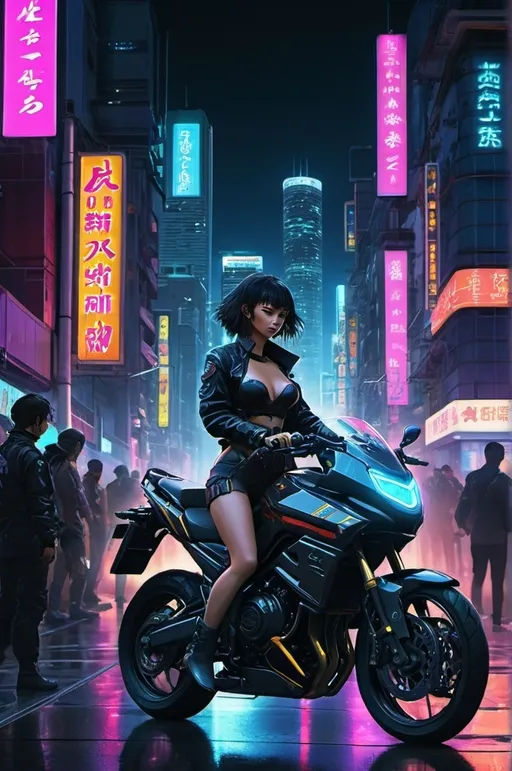 Prompt: Anime (cyberpunk cityscape at night), (neon lights illuminating futuristic buildings), (dynamic characters in stylish outfits),(girl on motorbike),(vibrant colors), (ultra-detailed), (cinematic atmosphere), digital art inspired by Katsuhiro Otomo and Masamune Shirow, captivating futuristic elements, bustling energy, atmospheric depth, 4K resolution, (masterpiece), striking contrasts, high-fidelity imagery, dramatic lighting and reflections, urban intrigue and excitement.