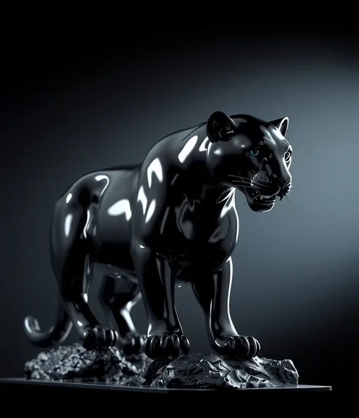 Prompt: A black panther sculpted in shining black obsidian, illuminated by a dramatic backlight creating striking rimlight effects. The high contrast against a black background highlights the ultra-detailed features of the digital sculpture, resembling a masterpiece with cinematic lighting to enhance its mystique and beauty. side angle