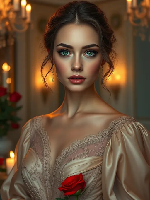 Prompt: A stunning woman with porcelain skin, full lips, and piercing emerald green eyes, wearing a flowing silk evening gown, adorned with intricate lace, in a luxurious, candle-lit ballroom, with soft, golden lighting, surrounded by fresh red roses, with a subtle, dreamy, ethereal atmosphere, in the style of Simon Stalenhag's photorealistic elegance, Loish's bold, vibrant color palette, and Lois Van Baarle's captivating, emotive expression.