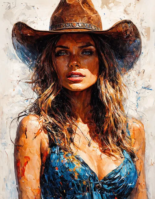 Prompt: An ultra high-definition, vibrant portrait of a beautiful lady wearing a cowboy hat, with intricate details and precise lineart, created by the acclaimed artists Carne Griffiths and Conrad Roset. The image captures the breathtaking beauty of the subject in a cinematic setting, showcasing a mix of cinematic and dramatic lighting. This masterpiece is rendered in 4K resolution, portraying a stunning and dynamic composition that is truly iconic and majestic. Trending on ArtStation and MidJourney, this artwork is a timeless and exceptional piece that exudes sophistication and brilliance.