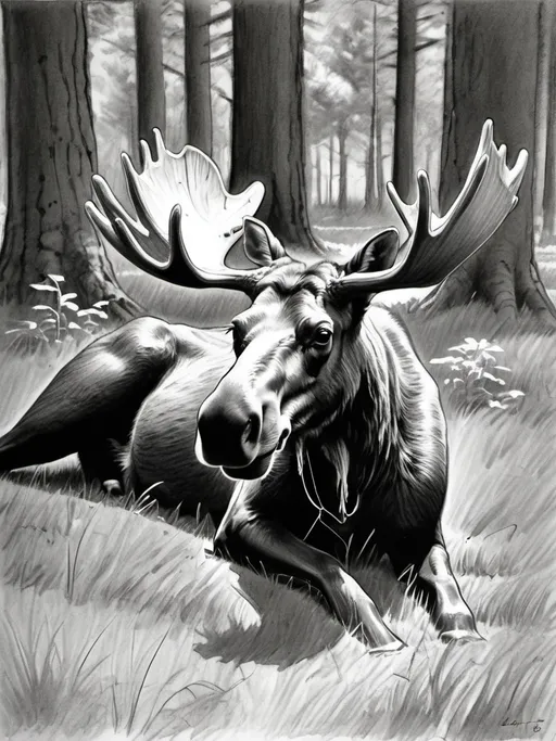 Prompt: a moose laying down in the grass in a forest area with trees in the background and grass and dirt on the ground, Clovis Trouille, les nabis, black and white pencil sketch