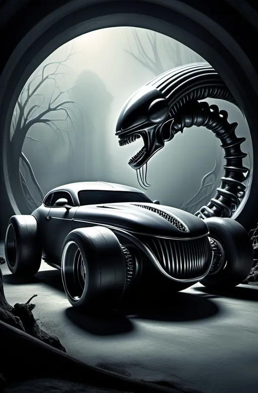 Prompt: Create an image of a hotrod influenced by H.R. Giger, showcasing surrealism. Incorporate unique designs that merge technology with nature, deep shadows, and ethereal lighting, all while placing the hotrod in a fantastical, alien setting that tells a story.