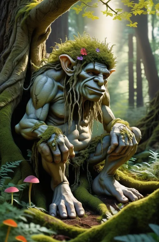 Prompt:  A serene forest troll slumbering peacefully amidst a tapestry of foliage, moss-covered roots, and vibrant wildflowers, surrounded by towering trees with gnarled branches and trunks adorned with fungi and lichen, as the soft, warm light of a sun-dappled forest floor casts dappled shadows on the troll's rugged, earthy skin, reminiscent of Amanda Sage's mystical and dreamlike style, with intricate details and textures, blending realism with a touch of mysticism and fantasy, in a muted color palette with earthy tones, accented with soft blues and purples, evoking a sense of tranquility and connection to nature.