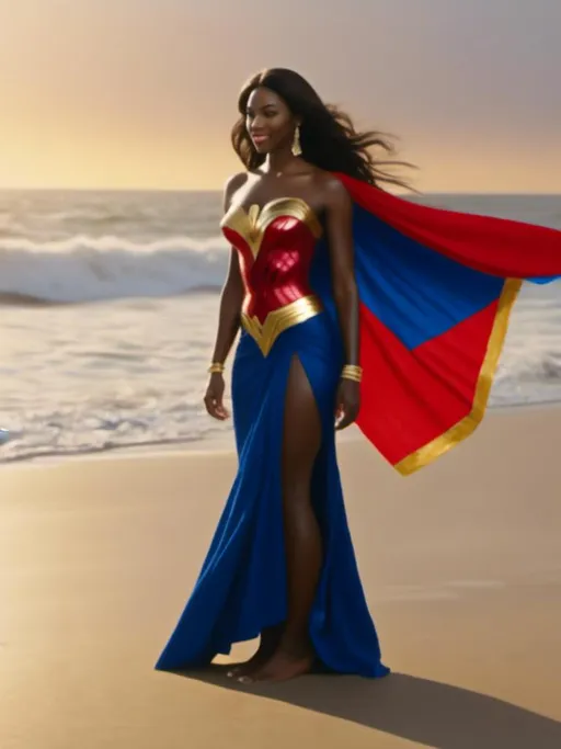 Prompt: <mymodel>Wonder Woman (superhero), standing confidently on a sunlit beach, wearing her iconic costume, vibrant red and blue colors, golden accessories, and starred motifs, waves gently crashing in the background, warm sunlight casting flattering shadows, a dreamy, uplifting ambiance, (ultra-detailed), (4K), (cinematic), beach scenery enhancing power and grace.