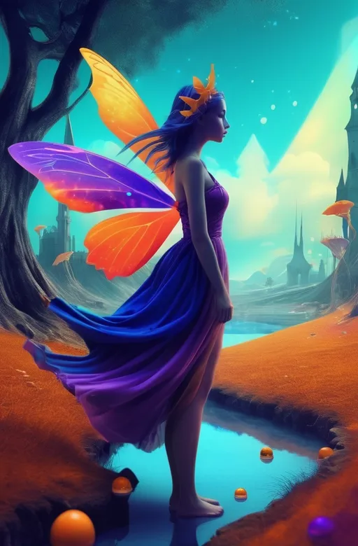 Prompt: Create a surrealist digital artwork based on a random fairy tale. 
Imagine a dreamscape where the boundaries between reality and fantasy are fluid. Your scene should feature two complementary colors as the primary palette (e.g., blue and orange, purple and yellow, or red and green). 
Visualize a central character from a random fairy tale in an unexpected, otherworldly scenario.
Incorporate abstract elements like floating clocks, melting foliage, and distorted, mirrored reflections to enhance the surreal atmosphere. Use light and shadow to create a sense of depth and mystery, guiding the viewer’s eye through this fantastical realm. - Style: surrealist; Color Scheme: complementary; Medium: digital.