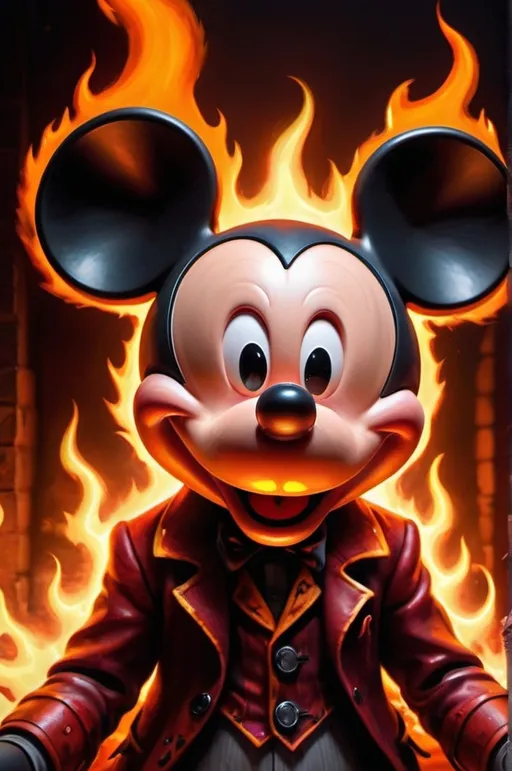 Prompt: (demonic Mickey Mouse engulfed in flames), Thomas Kinkade, Tim Burton, stylized demonpunk aesthetic, diffuse light, zoom effect, vivid oranges and reds, intense fiery atmosphere, luminous flames, dark mystical ambiance, surreal elements, chaotic background with twisted shapes, ultra-detailed 4K, high depth, masterful lighting and shading, dynamic composition, cinematic masterpiece, dramatic color contrasts, ethereal glow.