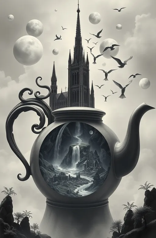 Prompt:  A gargantuan teapot, reminiscent of a Gothic cathedral, rises from a mist-shrouded landscape, its twisted spire piercing the sky like a charcoal sketch by M.C. Escher, while its handle unfurls like a Salvador Dali-esque ribbon, entwining itself around dreamlike scenery. Floating, diaphanous orbs, inspired by the surrealist works of Rene Magritte, hover around the teapot, reflecting distorted, funhouse-like visions of the surroundings. Within the teapot's belly, a miniature universe unfolds, rendered in soft, cool charcoal tones, evoking the eerie, ethereal quality of a Giorgio de Chirico cityscape. A waterfall cascades from the teapot's lid, morphing into a serpentine river that navigates the surreal terrain, as a flock of birds, adorned with intricate, M.C. Escher-like patterns on their wings, emerge from the spout, adding to the otherworldly tranquility of the scene. Charcoal's stark contrast and soft gradients imbue the composition with an air of mystery, as if the entire scene might dissolve into the mist at any moment, leaving only the faintest whisper of its existence.