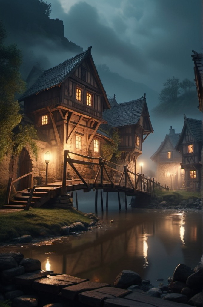 Prompt: <mymodel> (dramatic fantasy settlement scene), small settlement, foggy, bridge and river, mist rising from the water, dark stormy sky, dramatic tension, ancient wooden bridge, medieval architecture, rustic houses, hidden pathways, brooding atmosphere, cinematic lighting, rich shadows, high contrast highlights, ultra-detailed, moody color tones, high definition, 4K, cinematic masterpiece, immersive background elements, epic mood