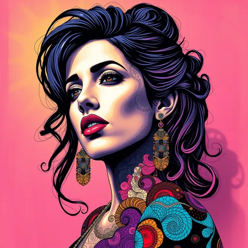 Prompt: Vibrant, abstract, portrait of Amy Winehouse, featuring intricate vector fractals and wave function patterns, blended with the mesmerizing, hand-drawn aesthetics of Zentangle, set against a three-dimensional background with subtle, shaded depth cues, reminiscent of the styles of Joshua Davis, László Moholy-Nagy, and Ash Thorp.