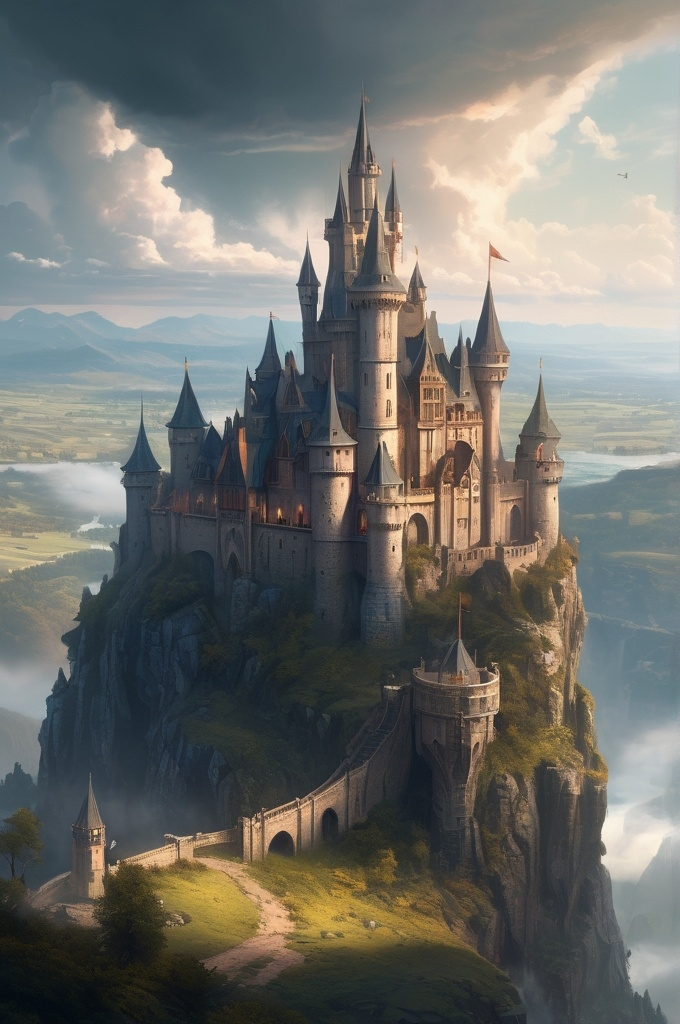 Prompt: Detailed digital painting of a majestic fantasy castle overlooking a vast magical landscape, cinematic lighting, epic composition, high resolution, masterpiece by Jordan Grimmer, fantasy art by Paul Lasaine and Andreas Rocha and Cristian Chihaia, artstation showcase, detailed textures, atmospheric perspective, 4k resolution
