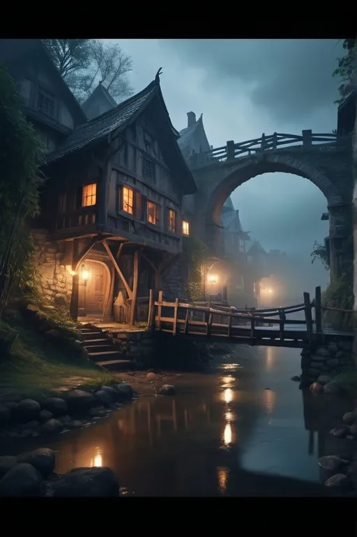 Prompt: <mymodel> (dramatic fantasy settlement scene), small settlement, foggy, bridge and river, mist rising from the water, dark stormy sky, dramatic tension, ancient wooden bridge, medieval architecture, rustic houses, hidden pathways, brooding atmosphere, cinematic lighting, rich shadows, high contrast highlights, ultra-detailed, moody color tones, high definition, 4K, cinematic masterpiece, immersive background elements, epic mood