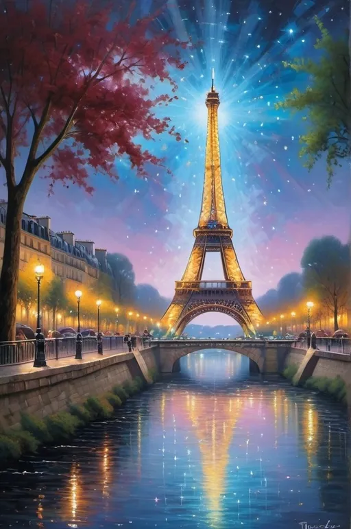 Prompt: Starfall over River Seine, a shimmering cascade of stars falling gracefully over the tranquil waters of the River Seine, creating a mesmerizing reflection that dances with each twinkling light. The celestial display illuminates the night sky with a breathtaking array of colors, painting a picture of magic and wonder in the dark canvas above. 
The scene is set against the backdrop of the iconic Eiffel Tower, its elegant silhouette blending seamlessly with the ethereal beauty of the starfall. The city of Paris glows softly in the distance, a gentle hum of life adding a touch of warmth to the cosmic spectacle. 
The mood is one of serenity and awe, as onlookers gaze up in wonder at the celestial ballet unfolding before their eyes. A sense of peace and harmony permeates the air, filling hearts with a sense of wonder and possibility. ethereal fantasy hyperdetailed mist Thomas Kinkade