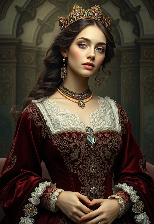 Prompt:  Beautiful woman in ornate, Renaissance-inspired attire, adorned with intricate lace, velvet, and gemstones, set against a lavish backdrop, reminiscent of Pre-Raphaelite and Art Nouveau styles, with hints of Alphonse Mucha's elegance and Gustav Klimt's opulence, in the manner of digital artist Simon Stalenhag.
